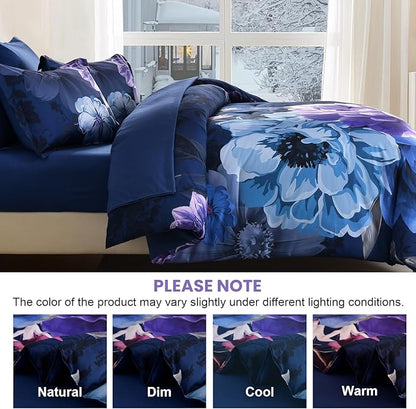 WONGS BEDDING Floral Comforter Set King Size, 7 Pieces Purple Bed in a Bag Comforter Bedding Set, Soft Microfiber for All Season with Pillowcases & Shams,Sheets(90"×104")