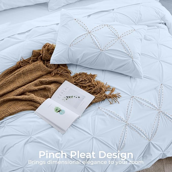 Sasttie Twin Comforter Set, 5-Piece Bed in a Bag, Pintuck Bedding Sets for All Season, Includes Comforter, Flat Sheet, Fitted Sheet, Pillowcase and Pillowsham, Light Blue