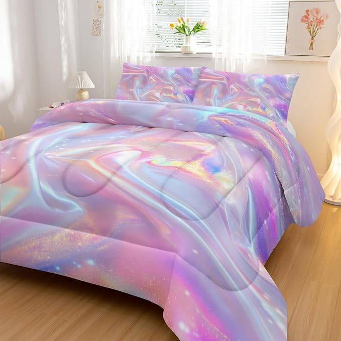 Pink Abstract Art Comforter Modern Abstract Comforter Set,Rainbow Gradient Star Bedding Set Full Size 3PCS,Mordern Art Decor All Season Lightweight Soft Microfiber with 2 Pillow Shams