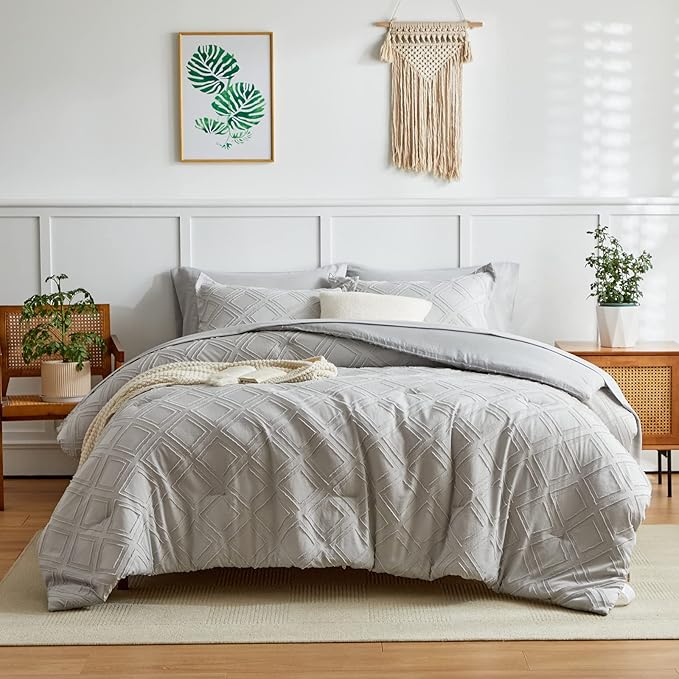 7 Pieces Tufted Bed in a Bag King Comforter Set with Sheets Light Grey, Soft and Embroidery Shabby Chic Boho Bohemian, Solid Color with Diamond Pattern, Jacquard Tufts Bedding Set for All Season