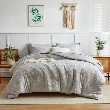 6 Pieces Tufted Bed in a Bag Twin Comforter Set with Sheets Light Grey, Soft and Embroidery Shabby Chic Boho Bohemian Design, Solid Color with Diamond Pattern, Jacquard Tufts Bedding Set for Kids