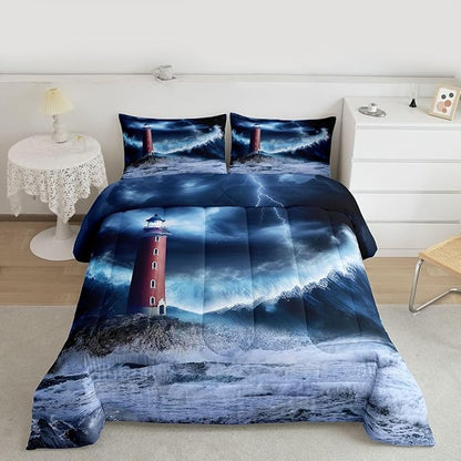Erosebridal Lighthouse Comforter Set Twin Nautical Duvet Set Surfing Ocean Wave Quilt Set Coastal Nature Theme Quilted Duvet for Kids Boys Girls Teens Bedroom Living Room Decorative, Blue