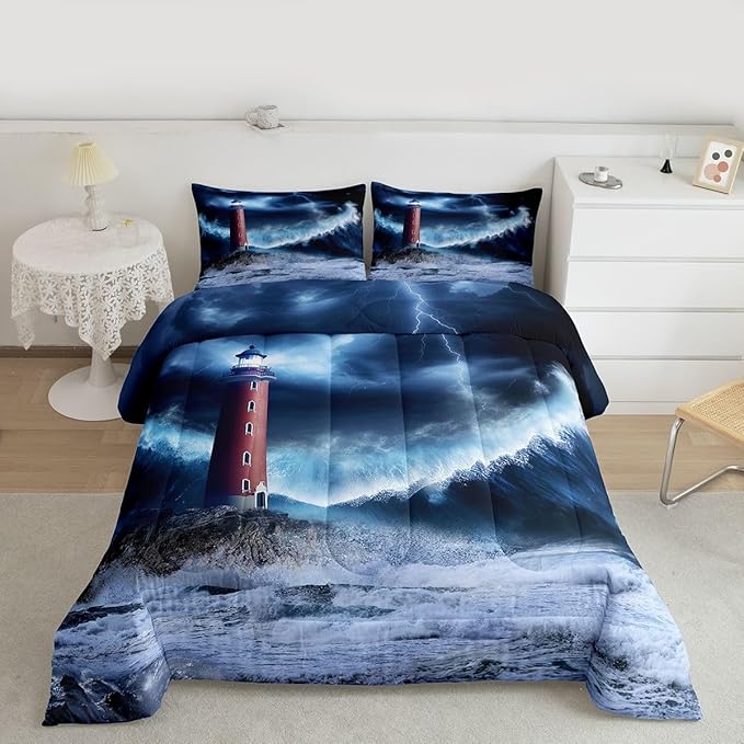 Erosebridal Lighthouse Comforter Set Queen Nautical Duvet Set Surfing Ocean Wave Quilt Set Coastal Nature Theme Quilted Duvet for Kids Boys Girls Teens Bedroom Living Room Decorative, Blue