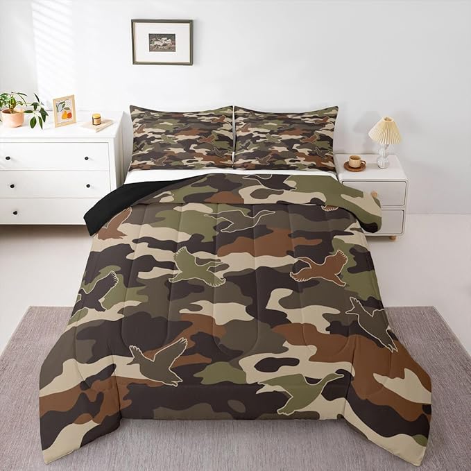 Erosebridal 3D Duck Comforter Set Twin Size Camo Camouflage Bedding Set for Kids Boys Girls Green Dark Wildlife Comforter Flying Animals Hunting Quilt Bedroom Decor