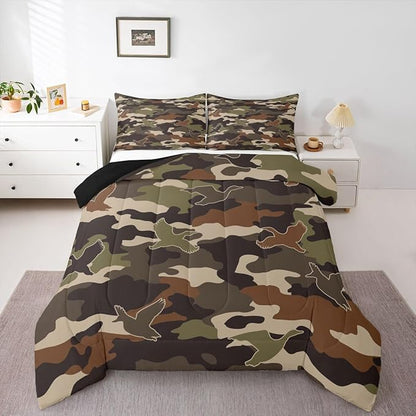 Erosebridal 3D Duck Comforter Set Twin Size Camo Camouflage Bedding Set for Kids Boys Girls Green Dark Wildlife Comforter Flying Animals Hunting Quilt Bedroom Decor