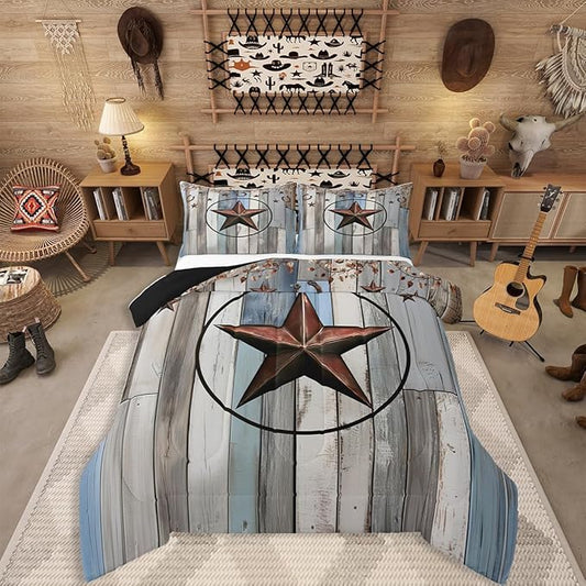 Erosebridal Western Texas Star Comforter Set, Rustic Farmhouse Bedding Set Toddler Size, Retro Cowboy Quilt for Kids Teens Adult Men Bedroom, Country Wooden Door Duvet Insert Western Home Decor