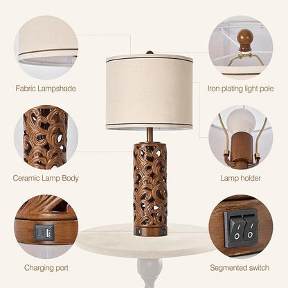 AIDENOEY 27.5" H 3-Way Dimmable Touch Control Table Lamp with USB A+C Ports, Vintage Walnut Finish Resin Bedside Farmhouse Table Lamp Set of 2，for Living Room，Bedroom，Office