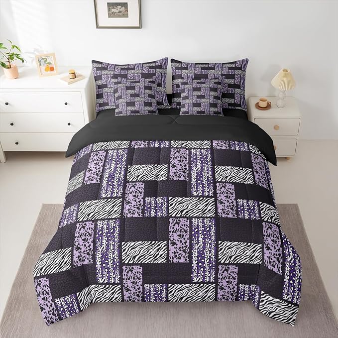 Wildlife Fur Splicing Print Bed Sets in a Bag 7 Pieces,Black Grey Kids Comforter Set Twin,Wild Animal Skin Leopard Bedding Set with 1 Comforter,2 Sheets,2 Pillowcases & 2 Throw Pillow Covers