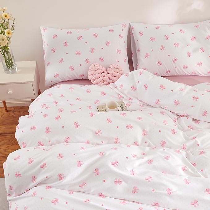 Nayoroom Pink Bow Comforter Set Twin Size Heart Bowknot Printed Cute Comforter 2 Pieces Soft Lightweight Kids Girls Dorm Bedding Set for All Seasons