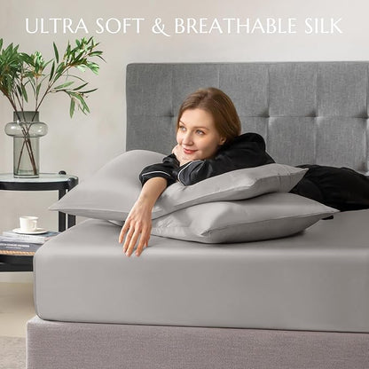 THXSILK 100% Mulberry Silk Fitted Sheet Set, 7A+ Silk 3 Pieces Bed Sheets, Breathable, Smooth, 16 Inch Deep Pocket Fitted Sheet, 2 Pillowcases - Grey, King