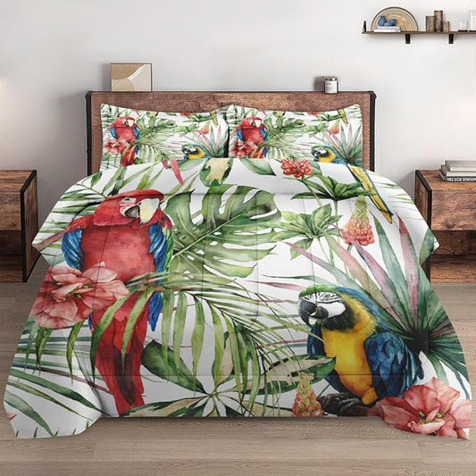 King Size Comforter Set with 2 Pillowcases, Tropical Flower Palm Leaf 3 Pcs Bedding for Kids and Adults, Hibiscus Birds Soft Comforter Set for Bedroom Bed Decor