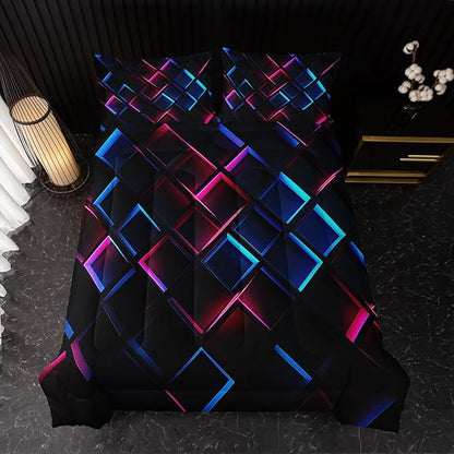 Blue Black Geometric Comforter Set Queen Size 3D Stereoscopic Square Bedding Set Honeycomb Bedding Set 3 Piece Modern Style Geometry Decor,Microfiber LightweightWith 2 Pillowcases