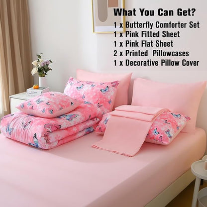 JQinHome 6 Piece Butterfly Comforter Set Twin, 3D Pink Flower Printed Bedding Set, All Season Microfiber Butterfly Theme Home Decor Bedding for Girls with Sheet Sets (Pink)