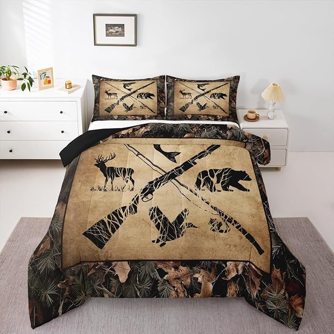 Erosebridal Hunting and Fishing Comforter Set Queen Tree Branch Camo Bedding Set for Kids Boys Teen Men,Woodland Wildlife Bass Fish Duck Bear Deer Bed Comforter Set Rustic Farmhouse Cabin Quilt Set