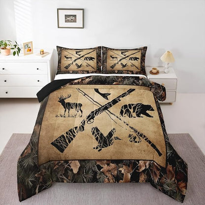 Erosebridal Hunting and Fishing Comforter Set Queen Tree Branch Camo Bedding Set for Kids Boys Teen Men,Woodland Wildlife Bass Fish Duck Bear Deer Bed Comforter Set Rustic Farmhouse Cabin Quilt Set