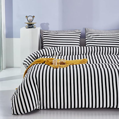 CLOTHKNOW Striped California King Comforter Set Black and White Bedding Comforter Sets All Season Farmhouse Ticking Comforter with 2 x Pillow Cases