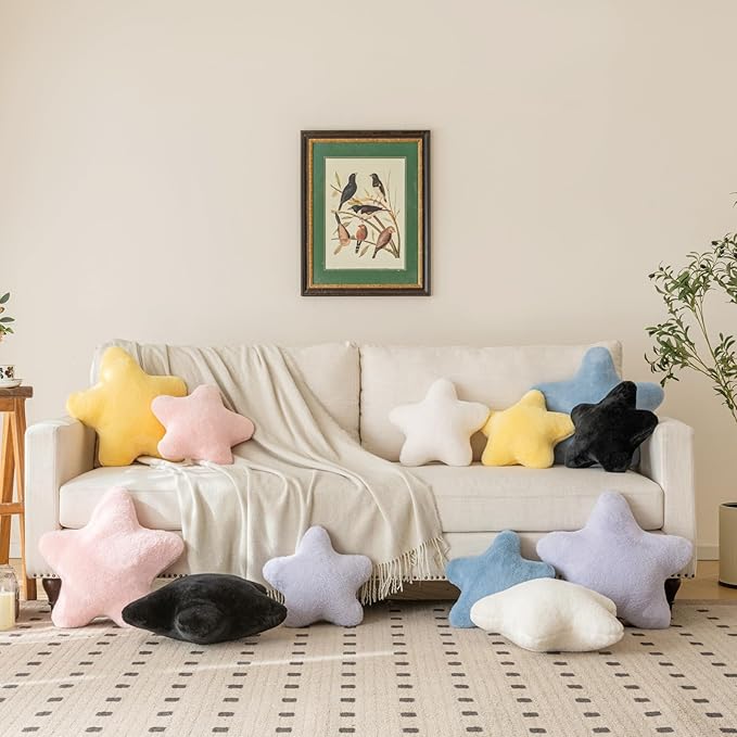 Star Pillow, Decorative Throw Pillow with Plush for Couch, Cute Decor Pillows for Bed, Aesthetic Star Shaped Pillow Fun Cushion for Sofa Living Room (Black, 14.9 Inches)