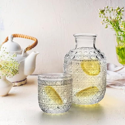 Vintage 2-Set Bedside Water Carafe Clear Glass Mouthwash Bottle & Glass for Bedroom, Kitchen, or Nightstand (Set)