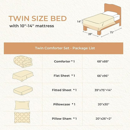 Sasttie Twin Comforter Set, 5-Piece Bed in a Bag, Pintuck Bedding Sets for All Season, Includes Comforter, Flat Sheet, Fitted Sheet, Pillowcase and Pillowsham, Beige