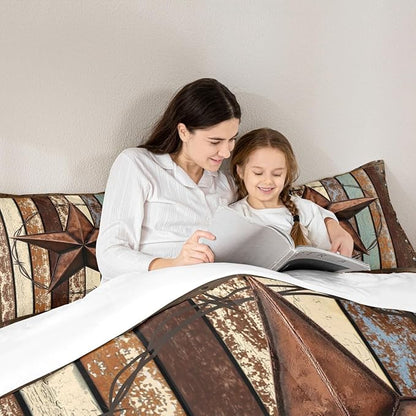 Western Texas Star Kids Comforter Set King Size,Vintage Wooden Plank Bedding Set,Girls Boys Adults Bedroom Decor,Rustic Farmhouse West Cowboy Down Comforter,Brown Retro Duvet Insert,2 Pillowcases