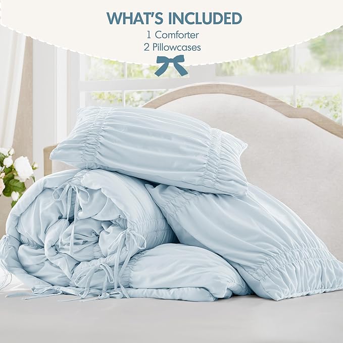 Intelligent Design Ruched Shabby Chic Comforters for King Size Bed, All Season Lightweight Comforter King, French Country Bedding Set, Sham, Ella, King/Cal King, Blue, 3 Piece