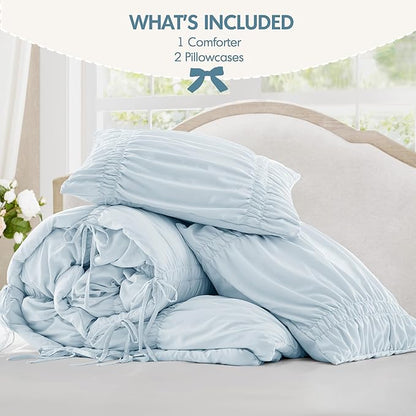 Intelligent Design Ruched Shabby Chic Comforters for King Size Bed, All Season Lightweight Comforter King, French Country Bedding Set, Sham, Ella, King/Cal King, Blue, 3 Piece