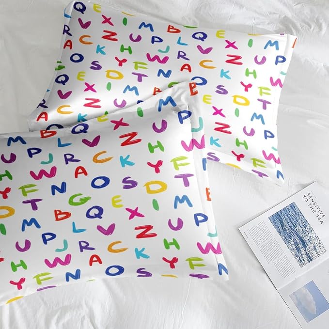 Comforter Set Queen Size, Kids Alphabet 7 Pcs Bedding for Kids and Adults, Multicolored English Preschool Bed Sheet Sets with Fitted Sheet 2 Pillowcases & 2 Shams for Bedroom Bed Decor