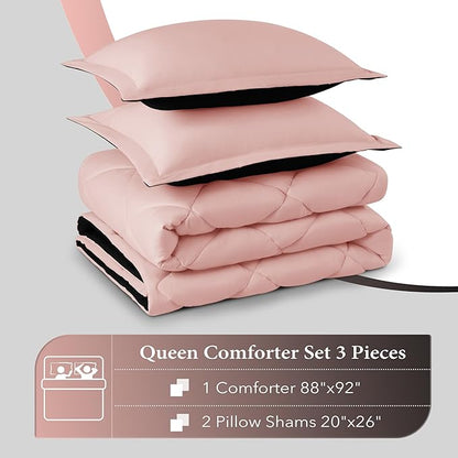 downluxe Queen Comforter Set - Pink and Black Queen Comforter, Soft Bedding Sets for All Seasons -3 Pieces - 1 Comforter (88"x92") and 2 Pillow Shams(20"x26")
