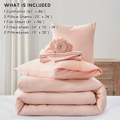 Anluoer Pink Full Comforter Set 7 Pieces, Bed in a Bag with Sheets, All Season Bedding Sets with 1 Comforter, 2 Pillow Shams, 2 Pillowcases, 1 Flat Sheet, 1 Fitted Sheet