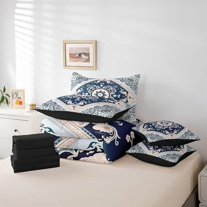 Oriental Twin Comforter Set 7-Piece Vintage Bedding Comforter Sets, Art Deco Floral Bed in a Bag Traditional Aesthetic Bedding Set Boho Tribal Bed Sheets Set, Hippie Mandala Paisley Decor Navy