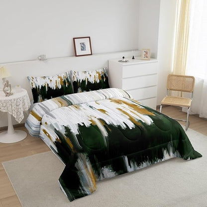 Erosebridal Green Emerald Comforter King Oil Painting Stripe Bedding Set, Brush Marks Contemporary Ombre Down Comforter Watercolor Graffiti Bed Set, Aesthetic Modern Quilted Duvet