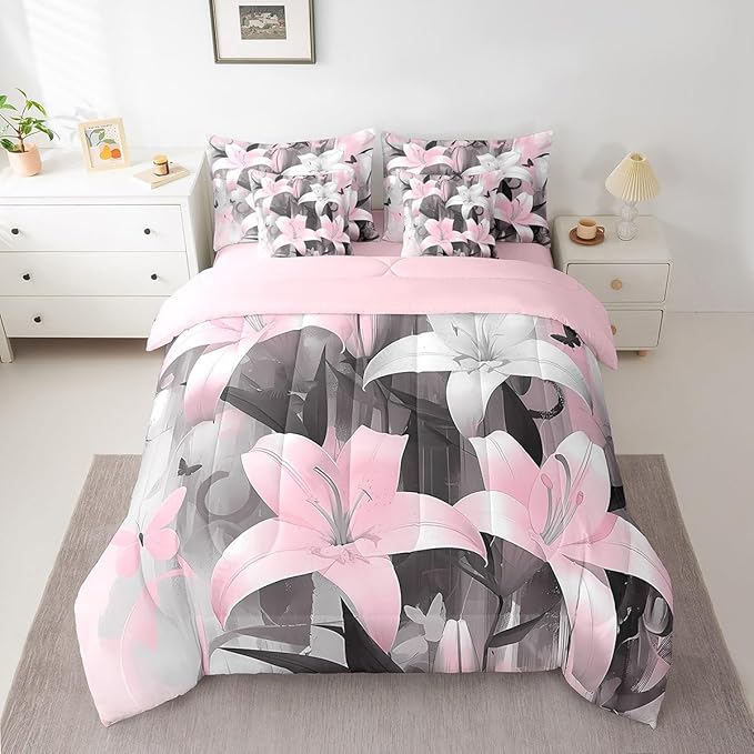 Feelyou Girls Lily Flower Comforter Set with Sheets Full Size 7 Pieces Kids Butterfly Floral Bedding Set for Boys Women Teens Pink Black Simple Modern Abstract Art Bed in a Bag Room Decor