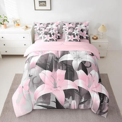 Feelyou Girls Lily Flower Comforter Set with Sheets Full Size 7 Pieces Kids Butterfly Floral Bedding Set for Boys Women Teens Pink Black Simple Modern Abstract Art Bed in a Bag Room Decor
