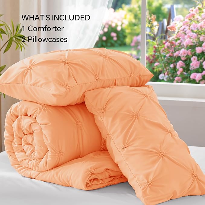 BEDELITE Apricot King Size Comforter Set - 3 Pieces Boho Pintuck Bedding Comforter Sets, Lightweight Soft & Warm King Bedding Set with 2 Pillowcases for All Season