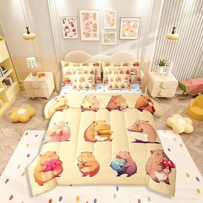 Erosebridal Funny Capybaras 7 Pieces Bedding Set Full,Capybara Lover Bed in a Bag,Cartoon Rodents Bed Set Includes Comforter,Sheet Set,Pillowcases & Pillow Covers,Yellow Khaki Capybara Bedroom Decor