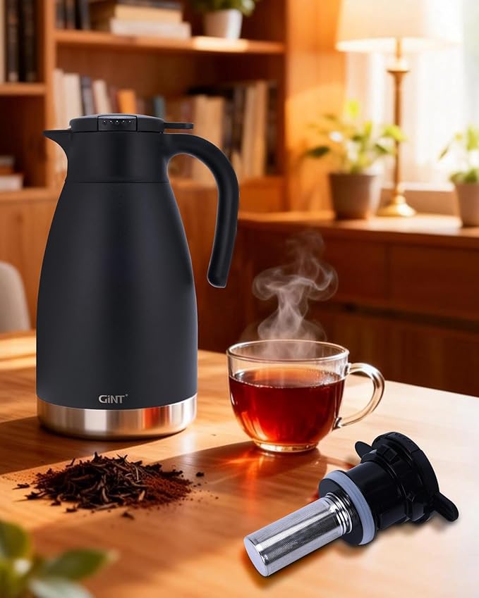 GiNT 74oz Thermal Coffee Carafe with Infuser – Insulated Tea Carafe, Removable Filter, Dishwasher-Safe | 2.2L 10+ Cups, Leak-Proof Seal & Pinch-Release | Stainless Steel for Office & Events
