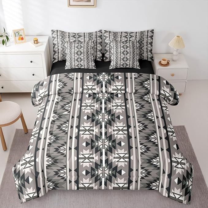 Erosebridal 7 Pcs Vintage Southwestern King Comforter Set with Sheets Rustic Western Aztec Bed in A Bag Boho Geometric Farmhouse Bedding Sets for Teens Teenager Exotic Tribal Nordic Style Bed Set
