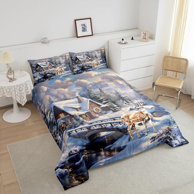 Winter Deer Bedding Set Full Size,Wood Cabin House Comforter Set,Snowflake and Pine Tree Mountain Lake Quilt Set for Kids Girls Boys Adult Room Decor,Christmas Animals Duvet Insert 3Pcs