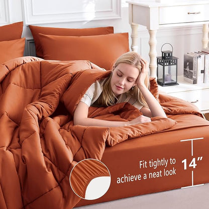 CozyLux Queen Comforter Set Terracotta, 7 Pieces Bed in a Bag, Burnt Orange Fall Comforter Queen Size, All Season Bedding Sets with Stitch Quilted Comforter, Flat Sheet, Fitted Sheet, Pillowcases