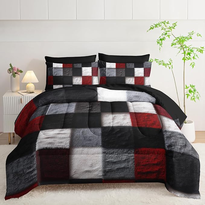 7 Piece Black White Red Checkered King Size Comforter Set with Sheets，King Size Quilt Bedding Set Checkered，(1 Comforter, 1 Flat Sheet, 1 Fitted Sheet, 2 Pillowcase and 2 Pillow Sham)