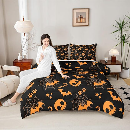 Erosebridal Cute Orange Halloween King Bedding Set Spider Web Skull Bat Comforter Set Spooky Goth Gothic Animal Bed Collections Horror Halloween Duvet Quilt Sets for Kids Teens Adults