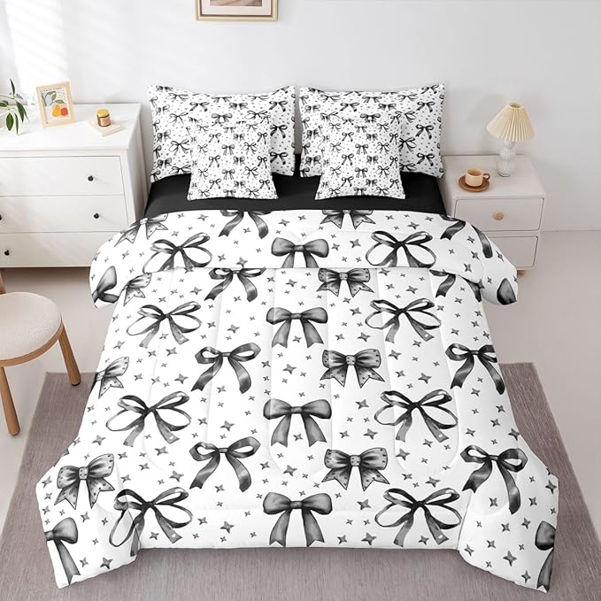 Erosebridal Bow Girls Cute Black Comforter Set Queen Size 7 Pieces | Starry Bed in A Bag Bowknot Kawaii Bed Set Princess Bedding