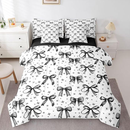 Erosebridal Bow Girls Cute Black Comforter Set Queen Size 7 Pieces | Starry Bed in A Bag Bowknot Kawaii Bed Set Princess Bedding