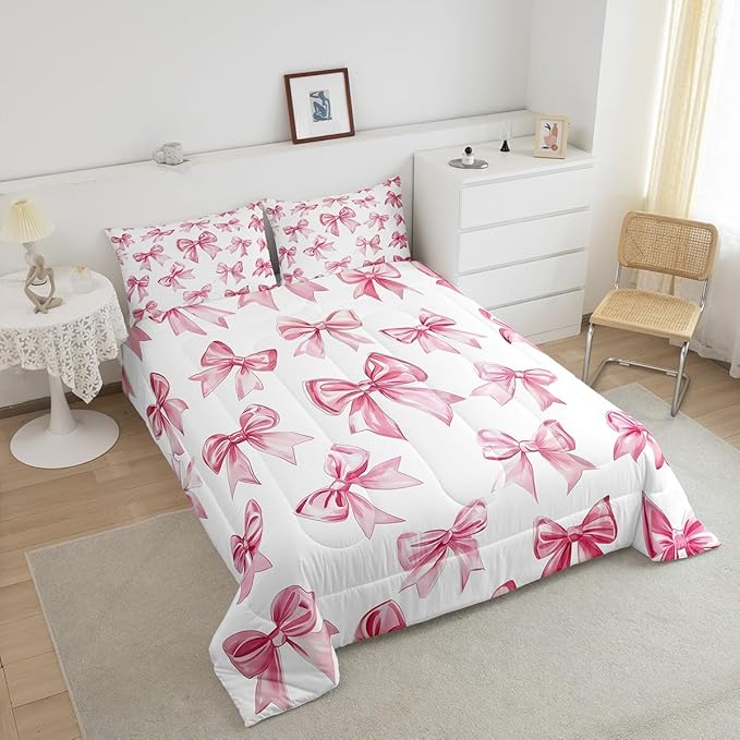Erosebridal Kawaii Bowknot Girls Bedding Set Dreamy Princess Style Comforter Set King for Kids Teen Women,Girly Cute Bow Bedding Comforter Sets Pink Bow Tie Bed Duvet Set 2 Pillow Cases