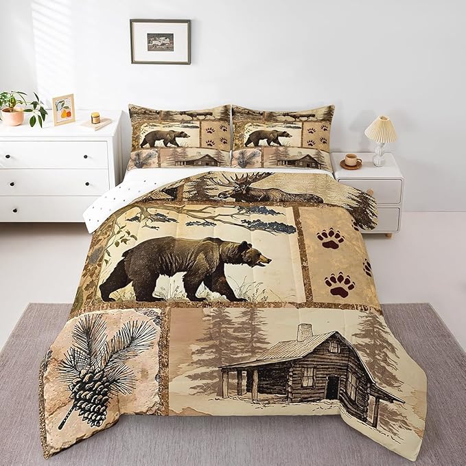 Feelyou Western Rustic Bear Comforter Set Queen Size, Wooden Board Farmhouse Duvet Insert, Forest Animal Wildlife Hunting Country Brown Patchwork Bear Paw Print Quilt,1 Comforter 2 Pillow Shams