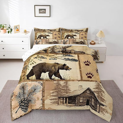 Feelyou Western Rustic Bear Comforter Set Toddler Size, Wooden Board Farmhouse Duvet Insert, Forest Animal Wildlife Hunting Country Brown Patchwork Bear Paw Print Quilt,1 Comforter 1 Pillow Shams