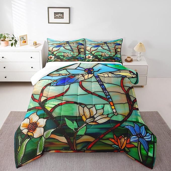 Erosebridal Boho Dragonfly Twin Comforter Set Exotic Dragonfly Flowers Bedding Set for Kids Adults Women,Rustic Lotus Floral Down Comforter Glass Style Art Animal Quilt Duvet Green Teal Blue