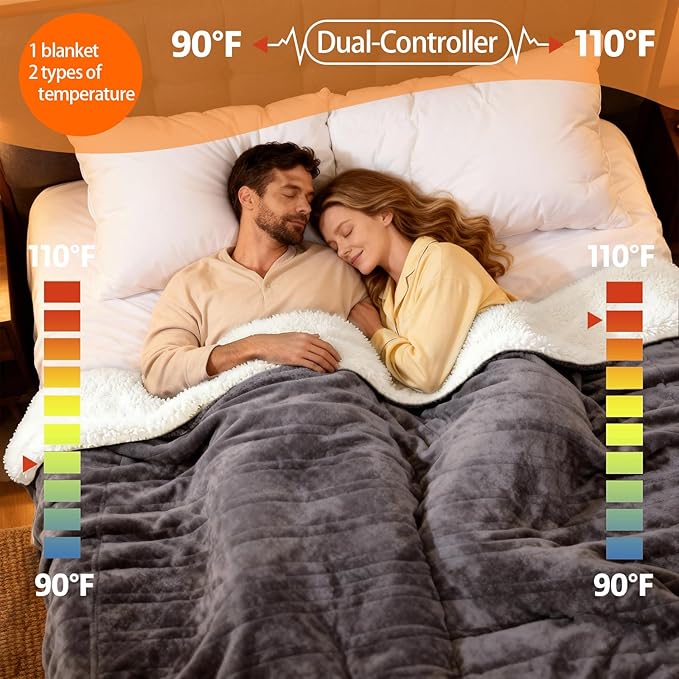 Electric Heated Blanket Queen Size 84''x90'' Soft Flannel & Sherpa Electric Blanket with 10 Heating Levels, Automatically Shut Down After 8h with Overheat Protection Machine Washable