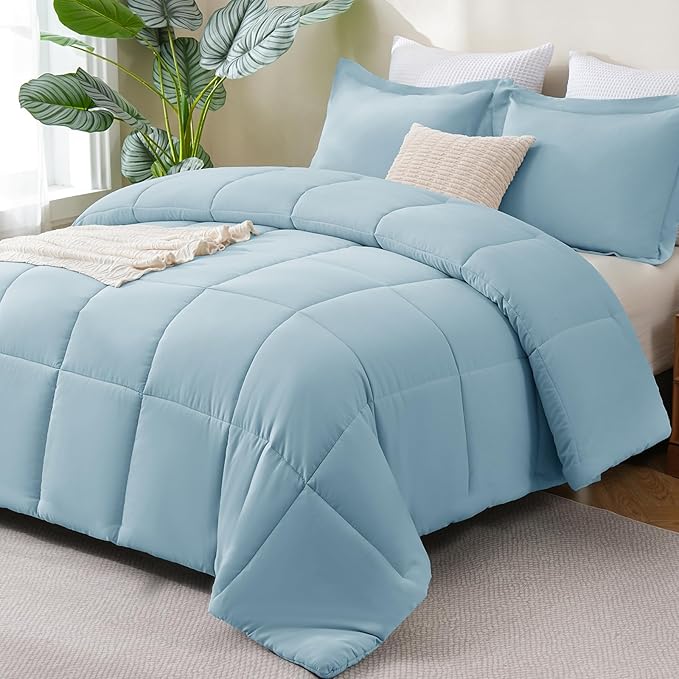 CozyLux Full Size Comforter Sets - Light Blue Comforter Full Size, 3 Pieces Box Stitched Bed Set for All Seasons, Soft Lightweight Bedding Sets with 1 Down Alternative Comforter and 2 Pillow Shams