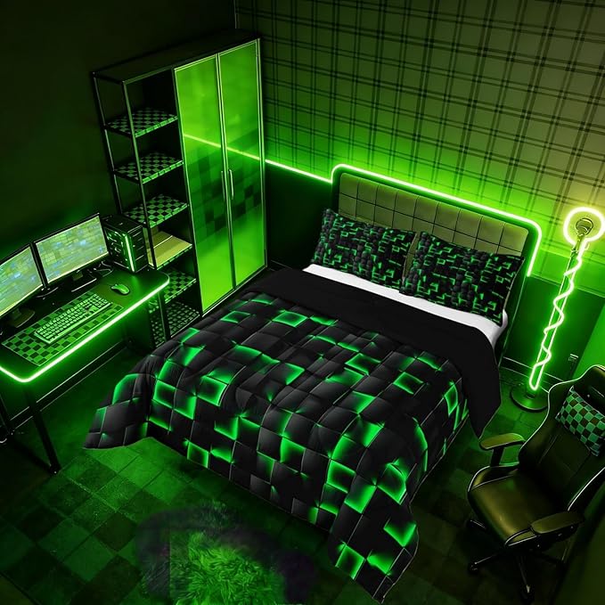 Erosebridal Neon Black Green Boys Comforter Set King Size Geometric Checkered Bedding Set for Kids Teen Men Gaming Room Decor,Abstract Ombre Plaid Comforter Grids Quilt Duvet